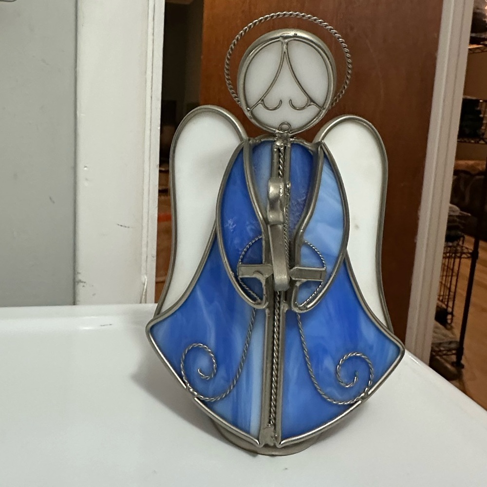 Blue and White Stained Glass Angel Figurine